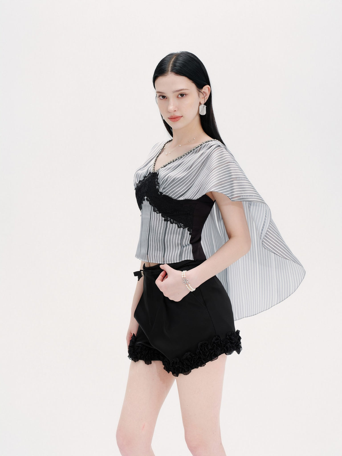 Pearl Wonderland Blue Stripe Lace Shawl Collar Peplum Top full look