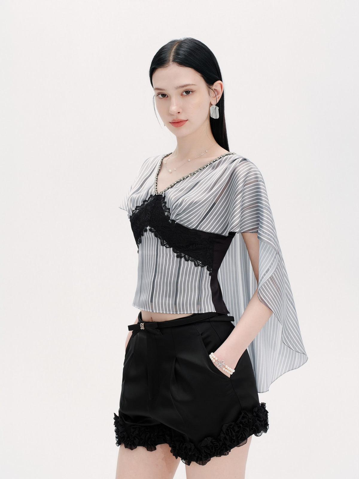 Pearl Wonderland Blue Stripe Lace Shawl Collar Peplum Top front detail
