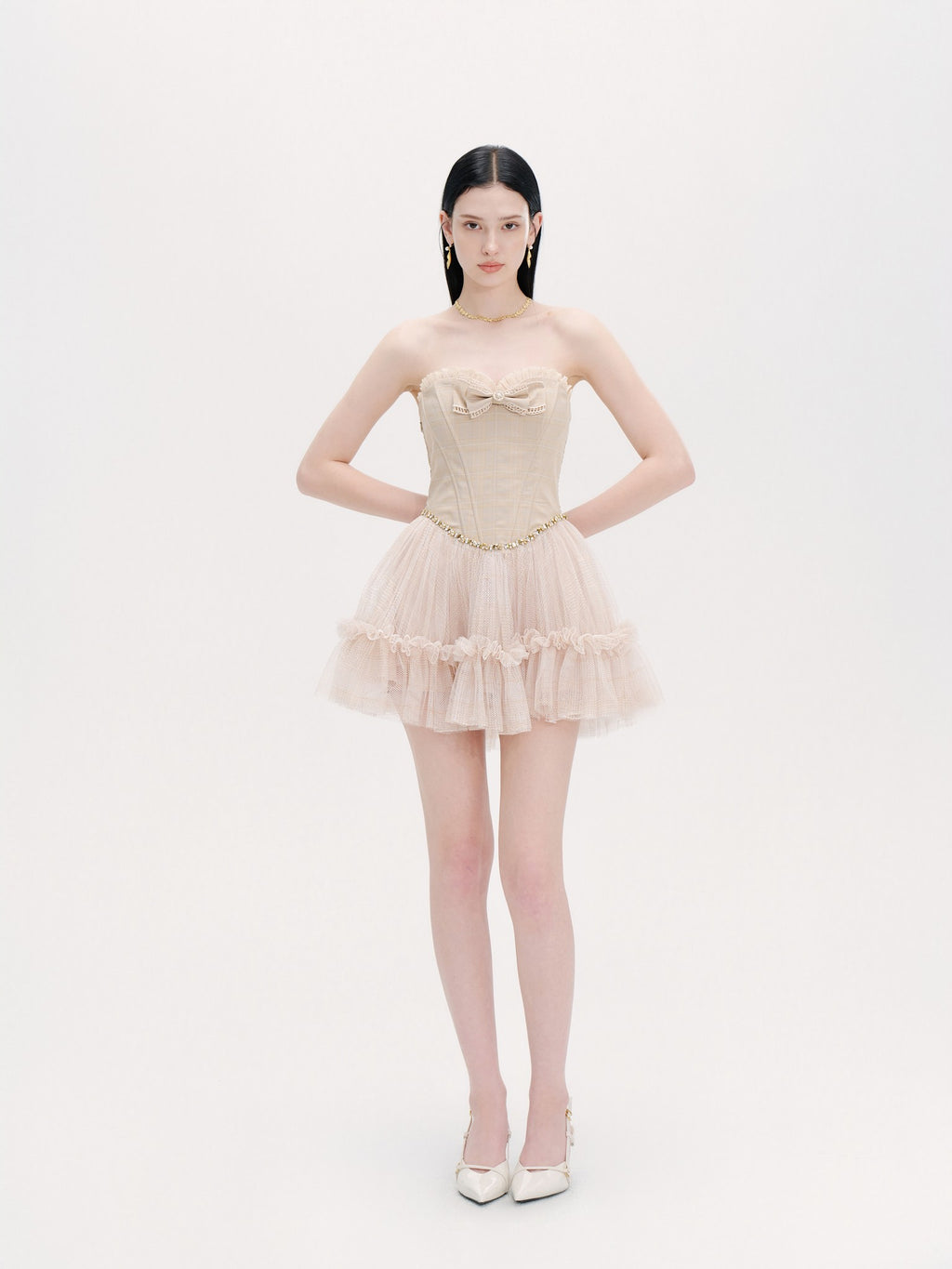 Pearl Wonderland Plaid Bow Tulle Puffy Mini Dress front detail
