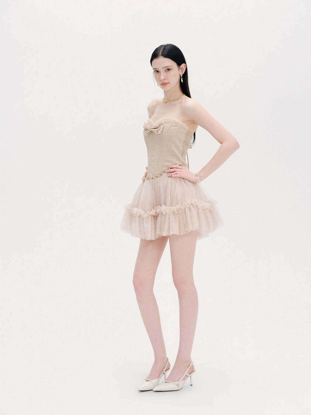 Pearl Wonderland Plaid Bow Tulle Puffy Mini Dress side detail