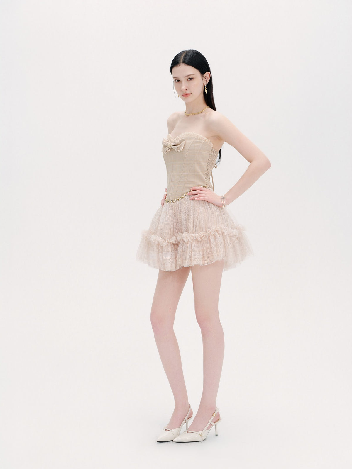 Pearl Wonderland Plaid Bow Tulle Puffy Mini Dress side detail