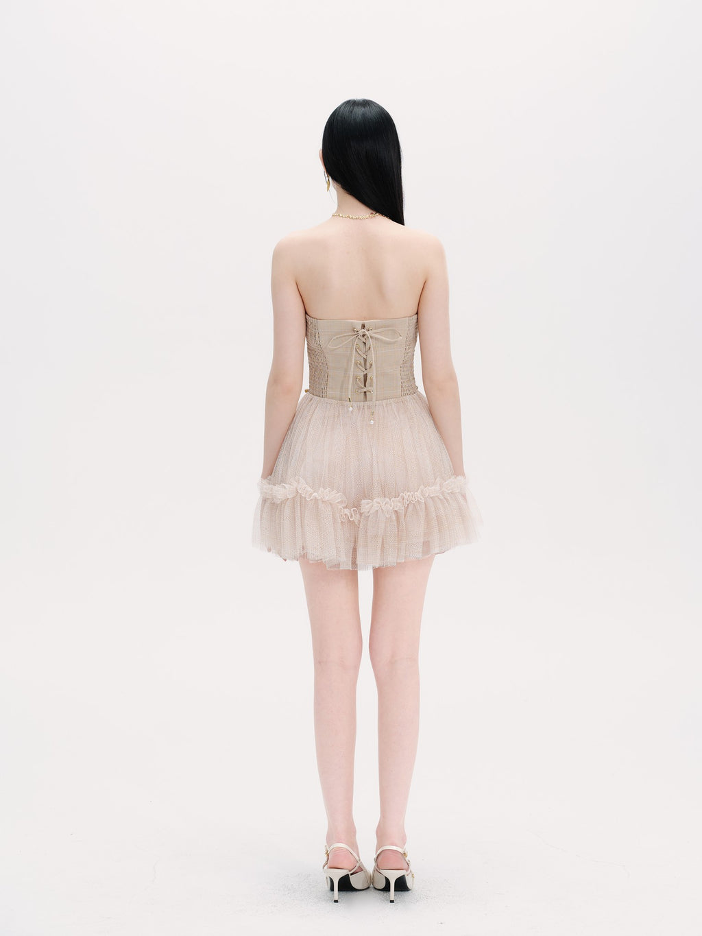 Pearl Wonderland Plaid Bow Tulle Puffy Mini Dress lookbook