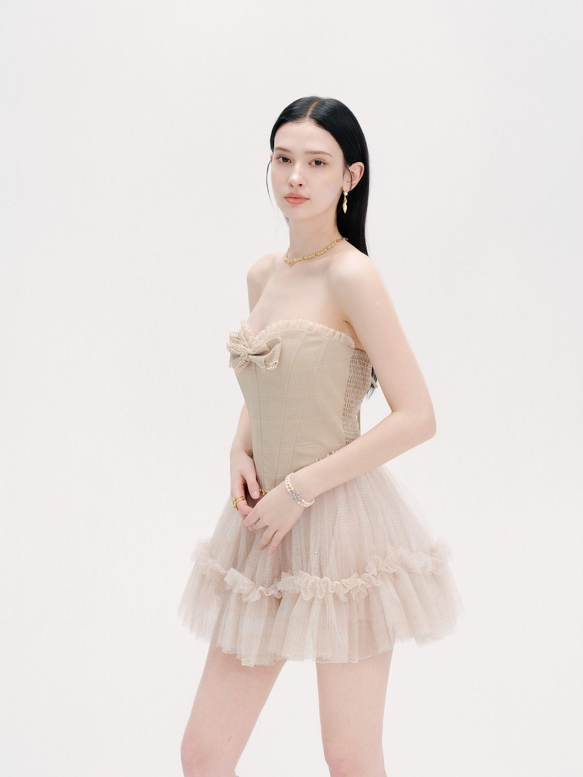 Pearl Wonderland Plaid Bow Tulle Puffy Mini Dress lookbook