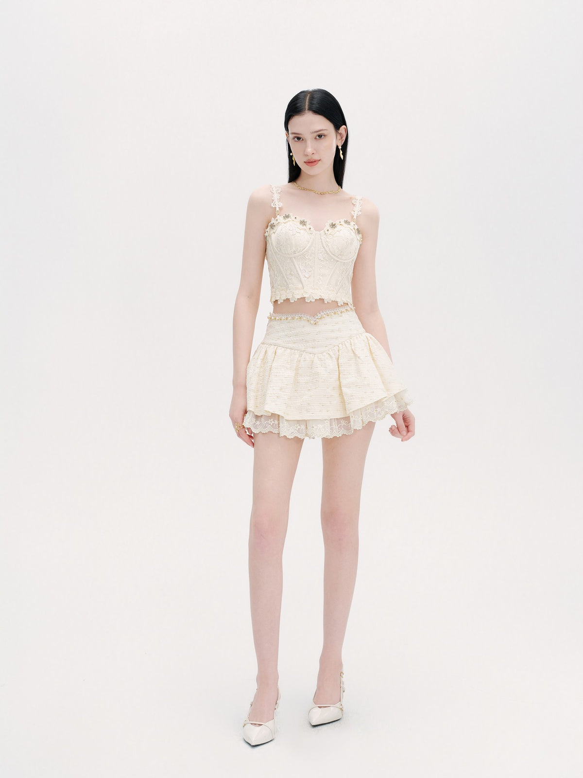 Morning Muse Vanilla A-Line Layered Pleated Skirt front detail