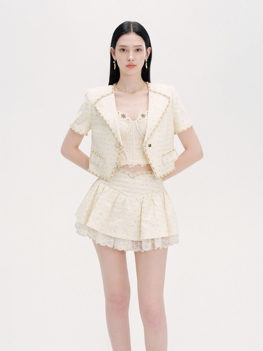 Rue Cambon Vanilla Boucle Tweed Cropped Jacket back view