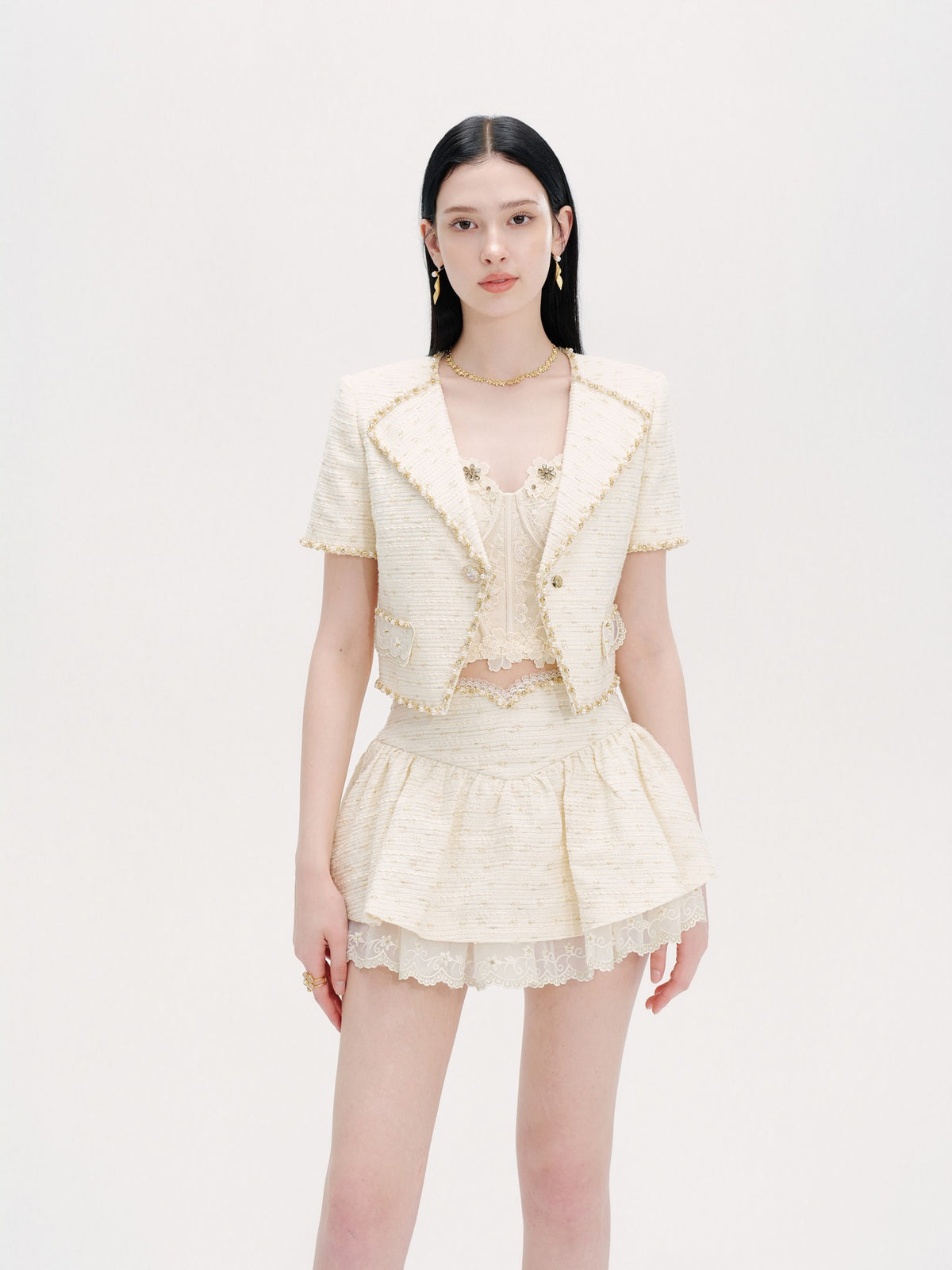 Rue Cambon Vanilla Boucle Tweed Cropped Jacket boucle texture detail