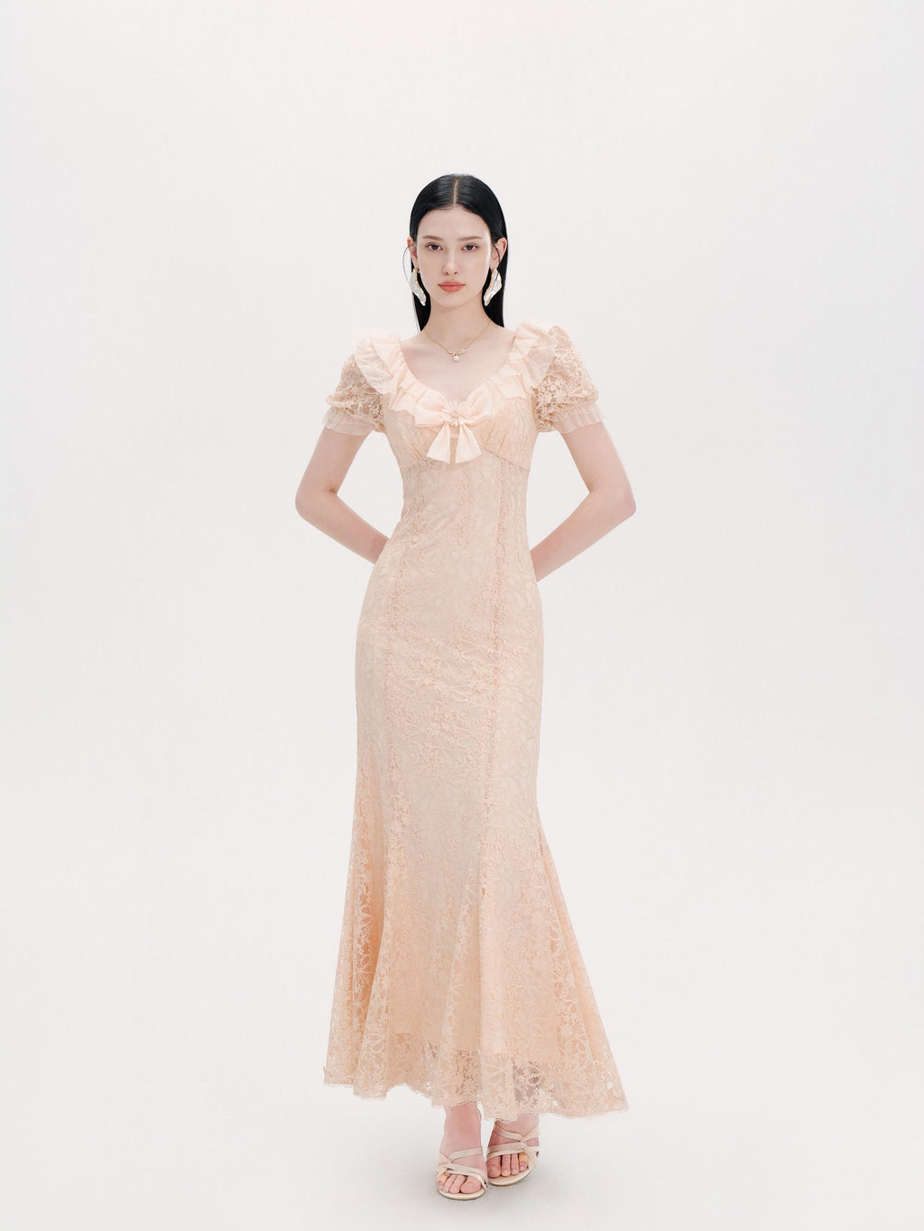 Pearl Wonderland Lace Bow Mermaid Maxi Dress front detail