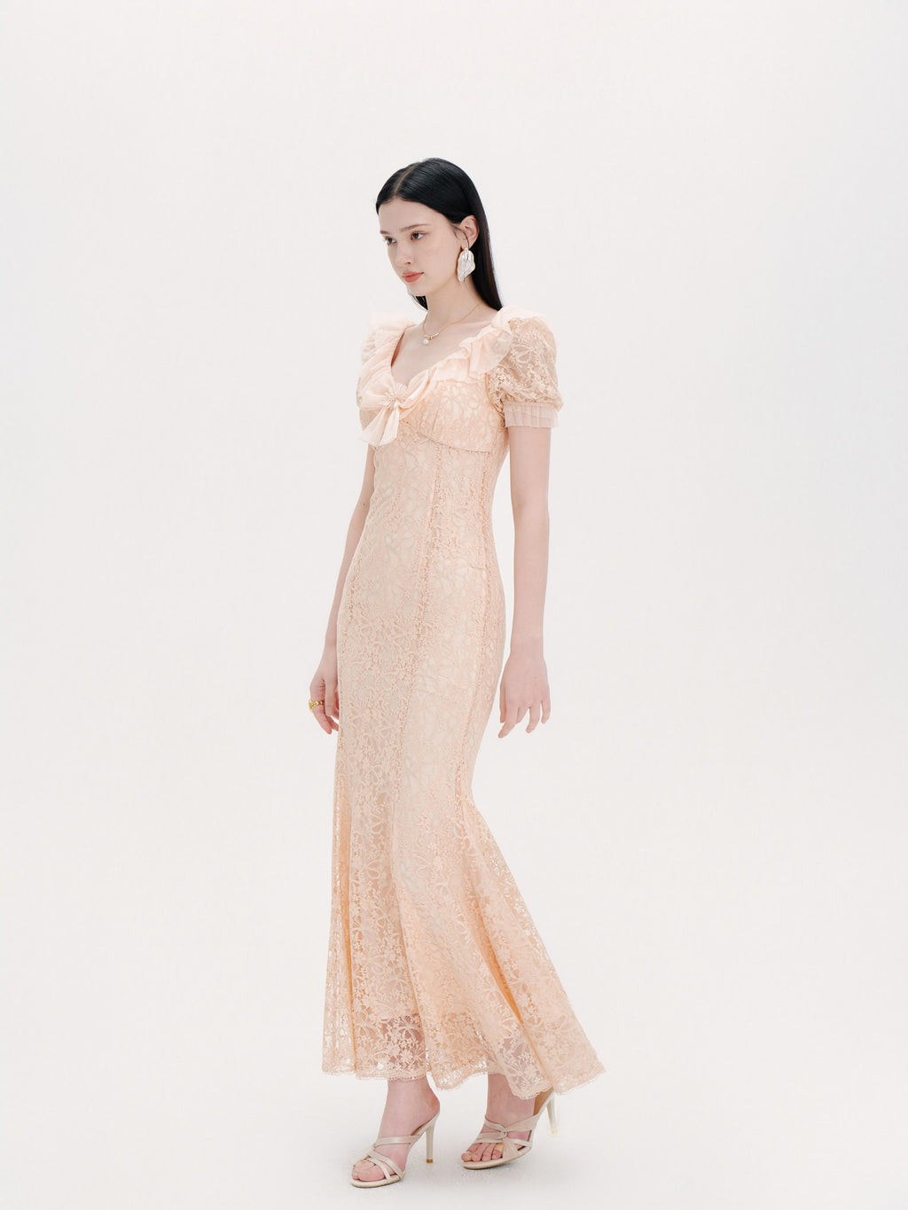 Pearl Wonderland Lace Bow Mermaid Maxi Dress back view
