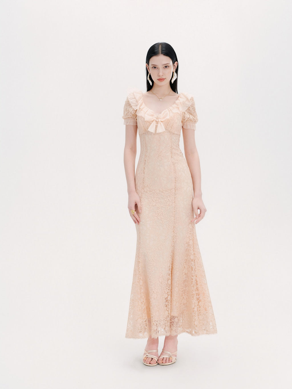 Pearl Wonderland Lace Bow Mermaid Maxi Dress fabric close-up