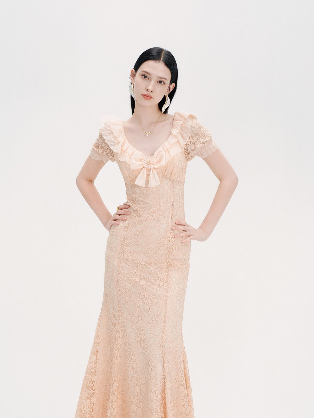 Pearl Wonderland Lace Bow Mermaid Maxi Dress side profile