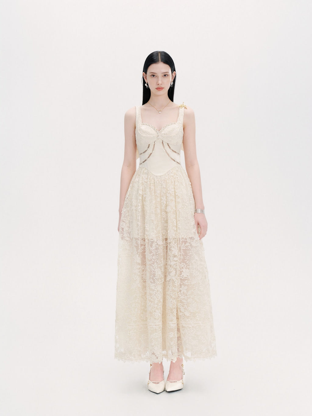 Pearl Wonderland Lace Bustier Heirloom Maxi Dress front detail