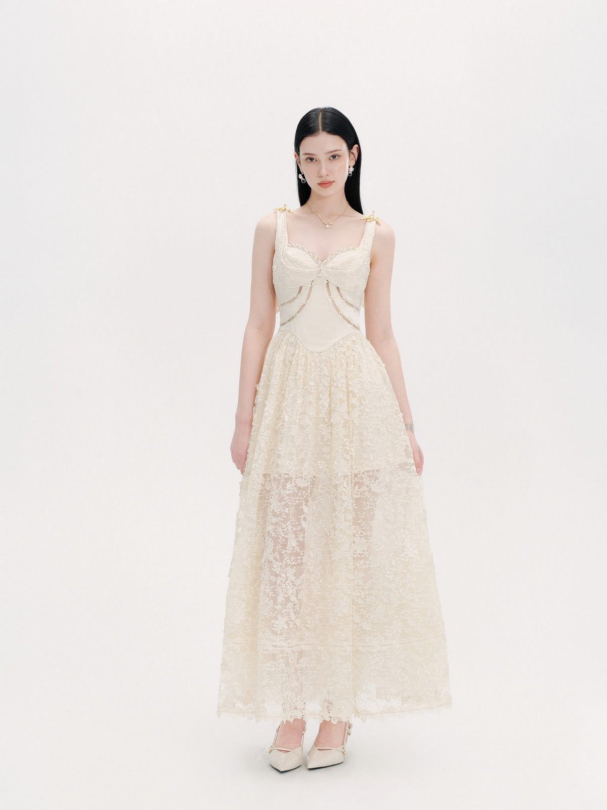 Pearl Wonderland Lace Bustier Heirloom Maxi Dress back view