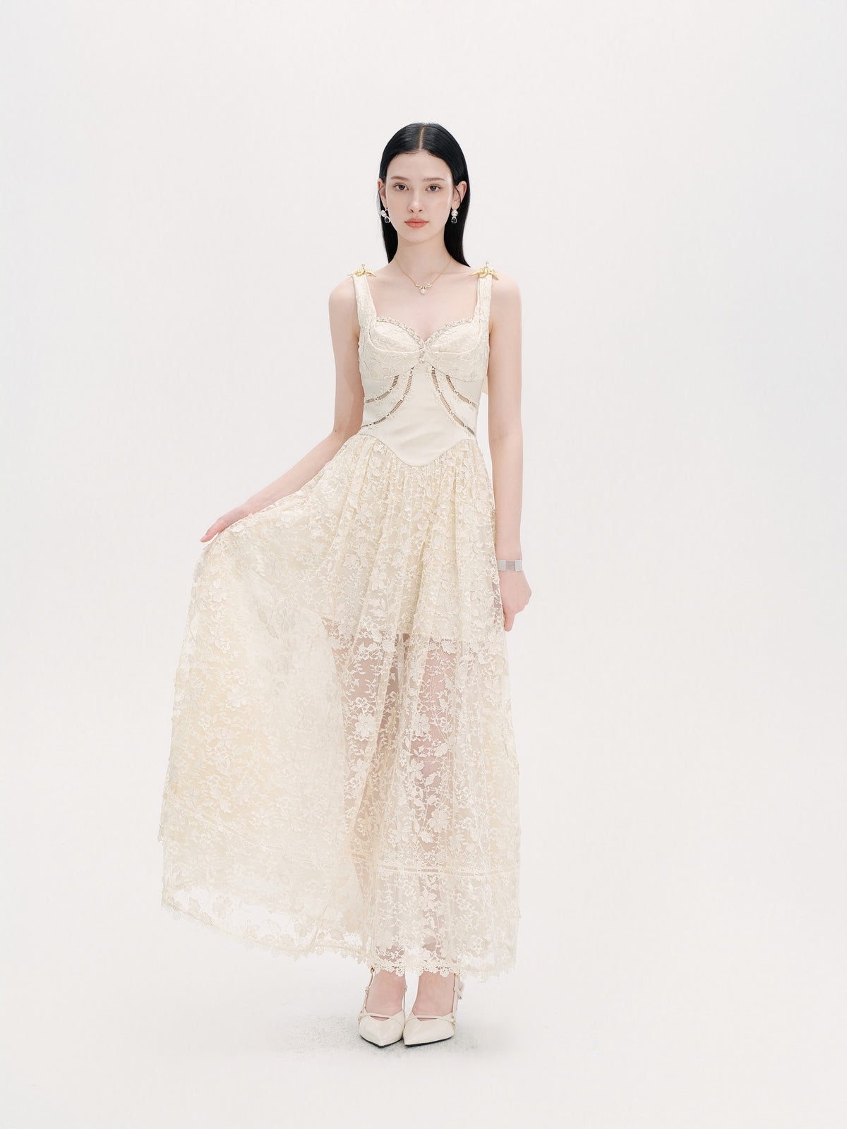 Pearl Wonderland Lace Bustier Heirloom Maxi Dress fabric close-up