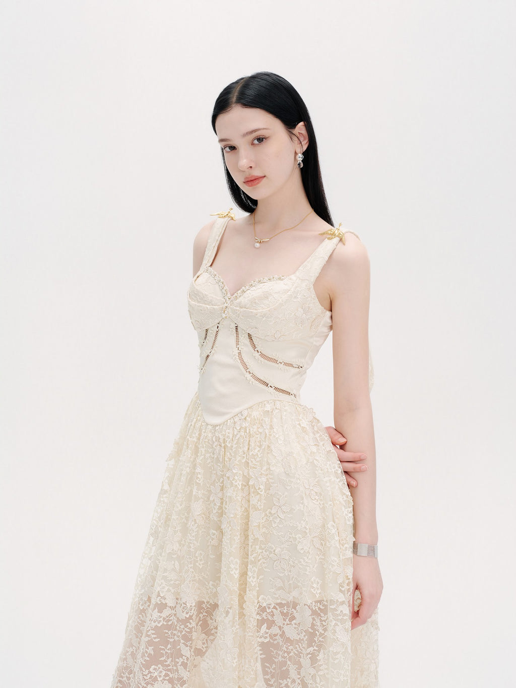 Pearl Wonderland Lace Bustier Heirloom Maxi Dress styling