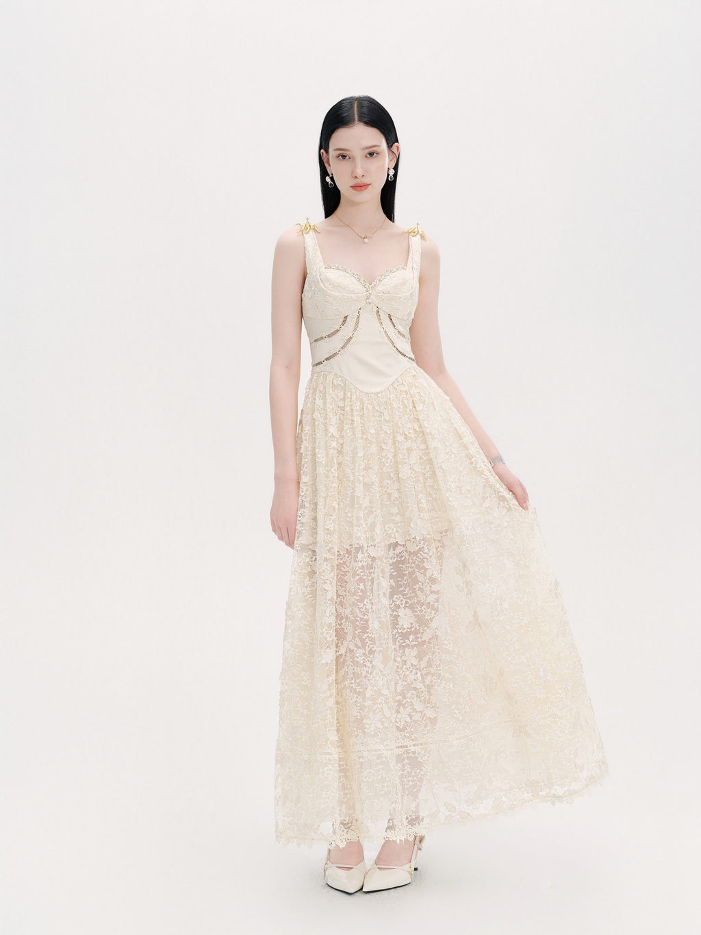 Pearl Wonderland Lace Bustier Heirloom Maxi Dress side profile