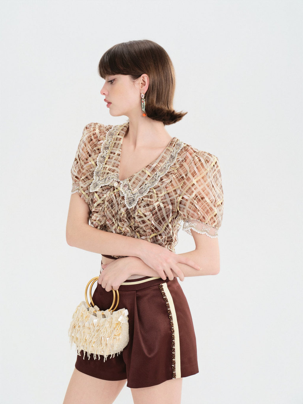 Morning Muse Brown Vintage Glitter Check V-Neck Embroidered Blouse Mustard Brown side profile