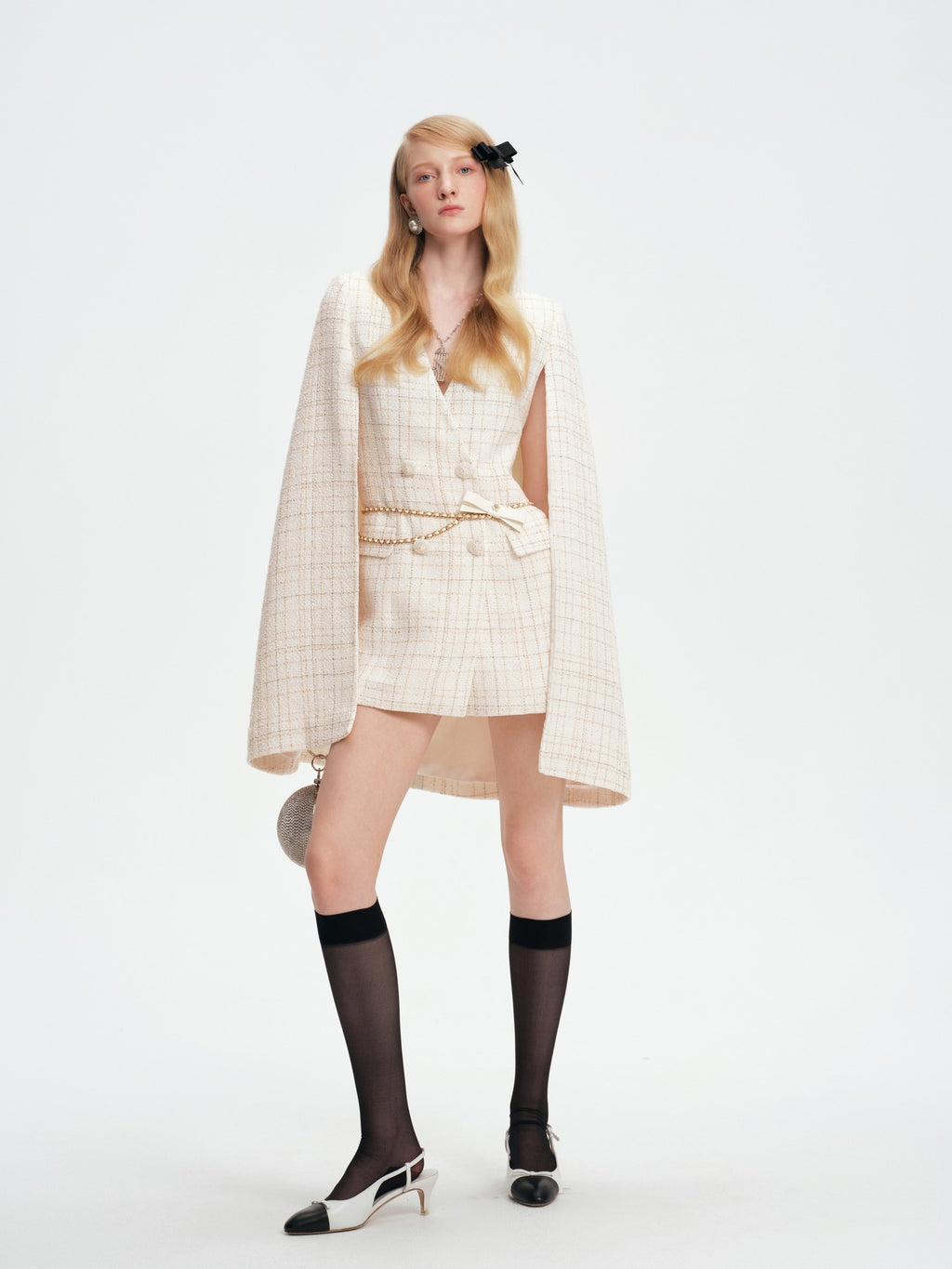 Mayfair Off-White Tweed Relaxed V-Neck Cape Coat fabric close-up