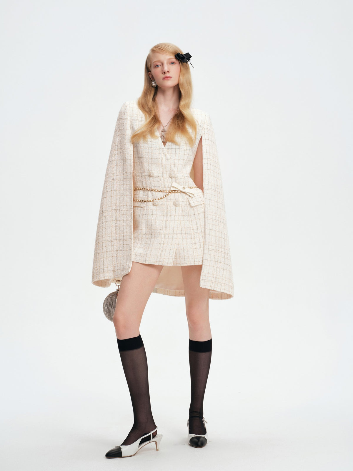 Mayfair Off-White Tweed Relaxed V-Neck Cape Coat fabric close-up