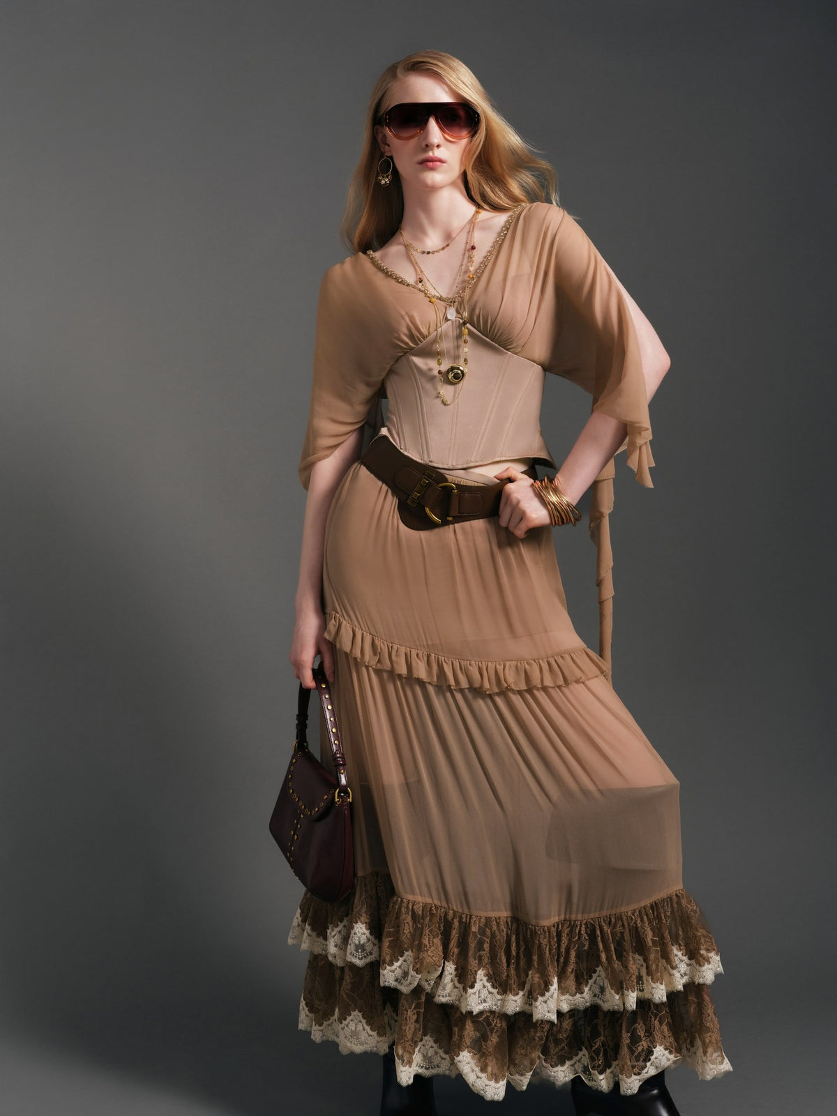 Morning Muse Brown V-Neck Patchwork Fitted Cropped Top design detail