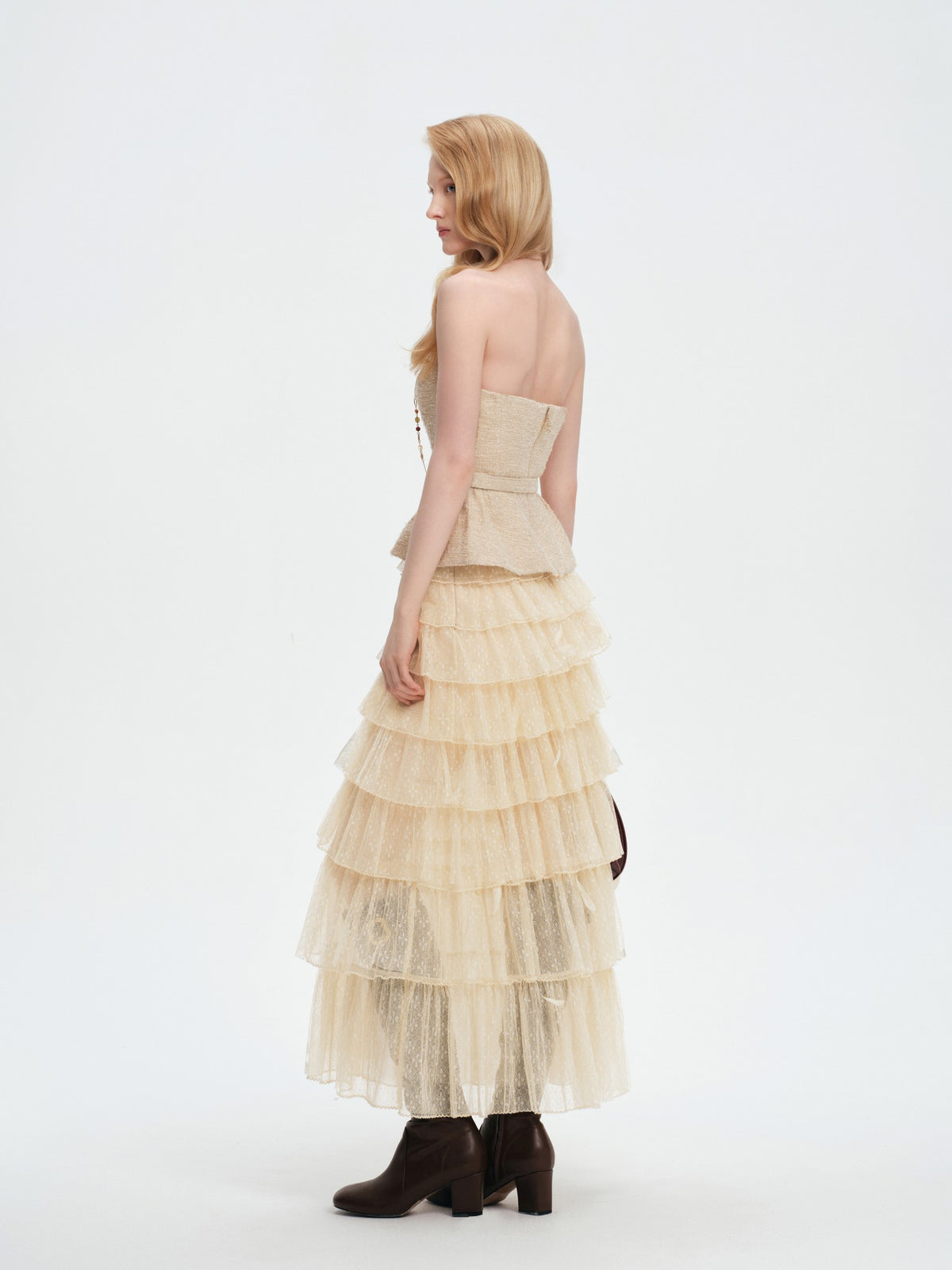 Pearl Wonderland Layered Lace Polka Dot Tulle Maxi Skirt full body