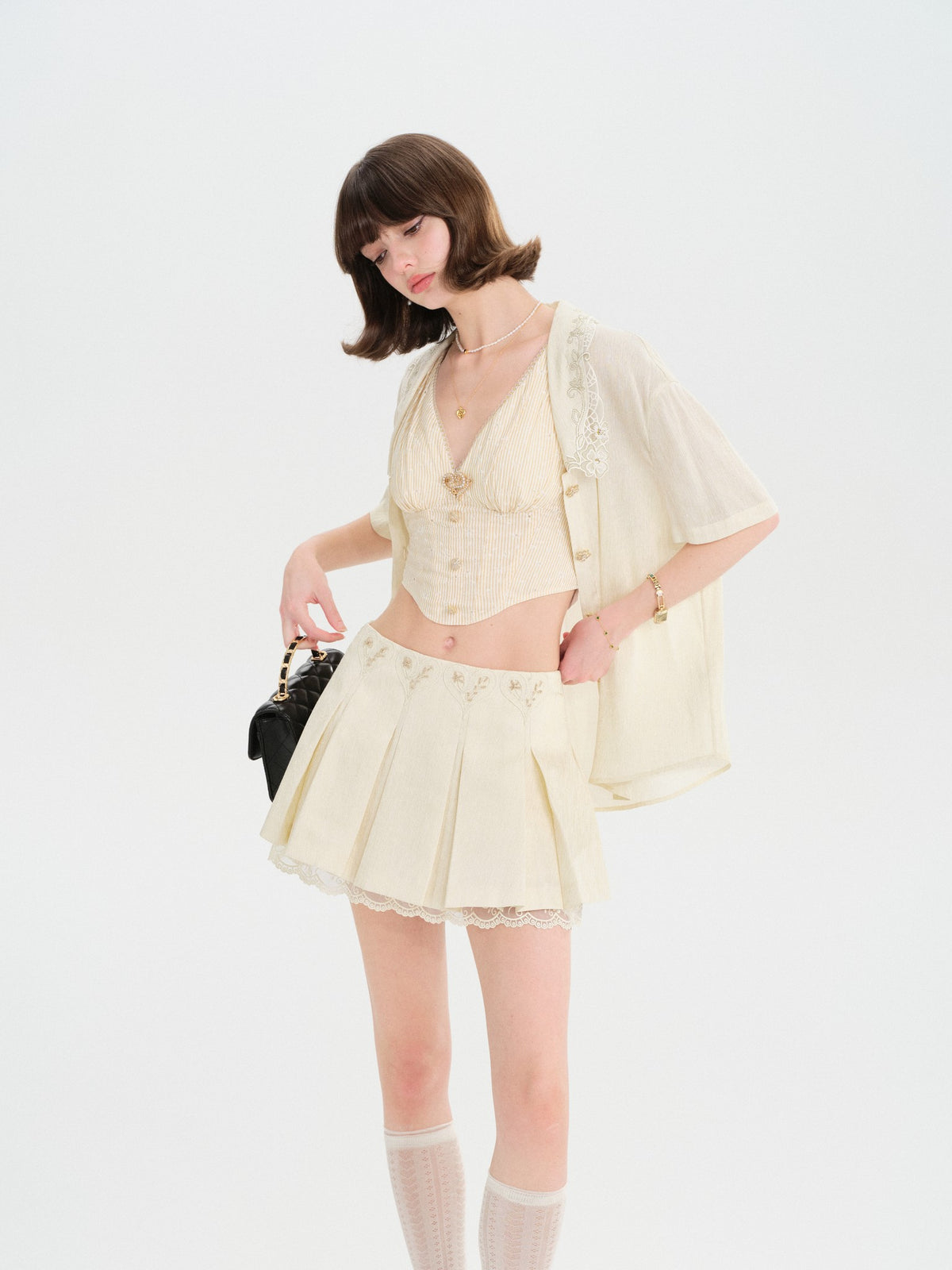 Riviera Retro Lapel Short Sleeve Blouse fabric close-up