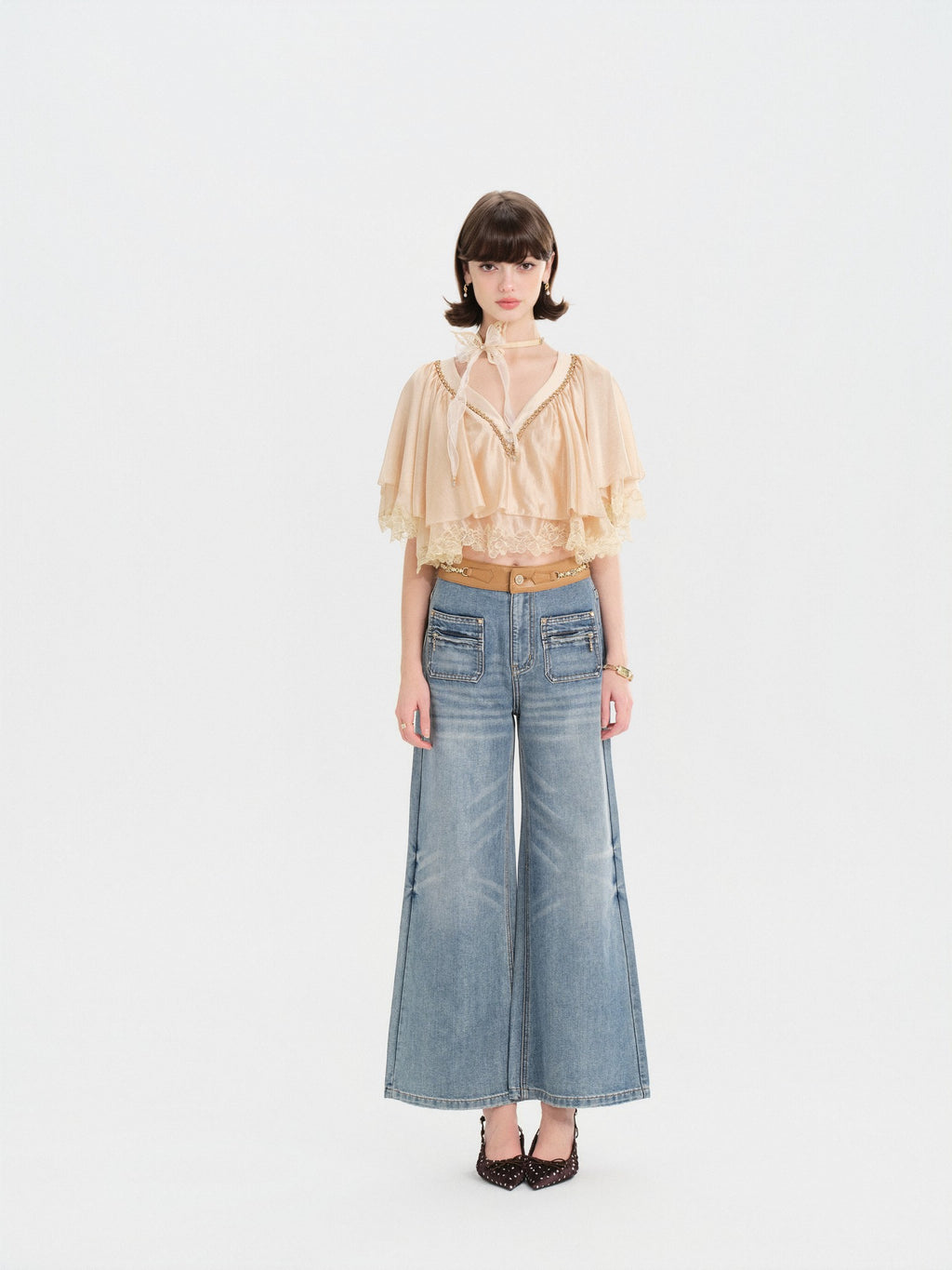 Morning Muse V-Neck Irregular Butterfly Lace Top front detail
