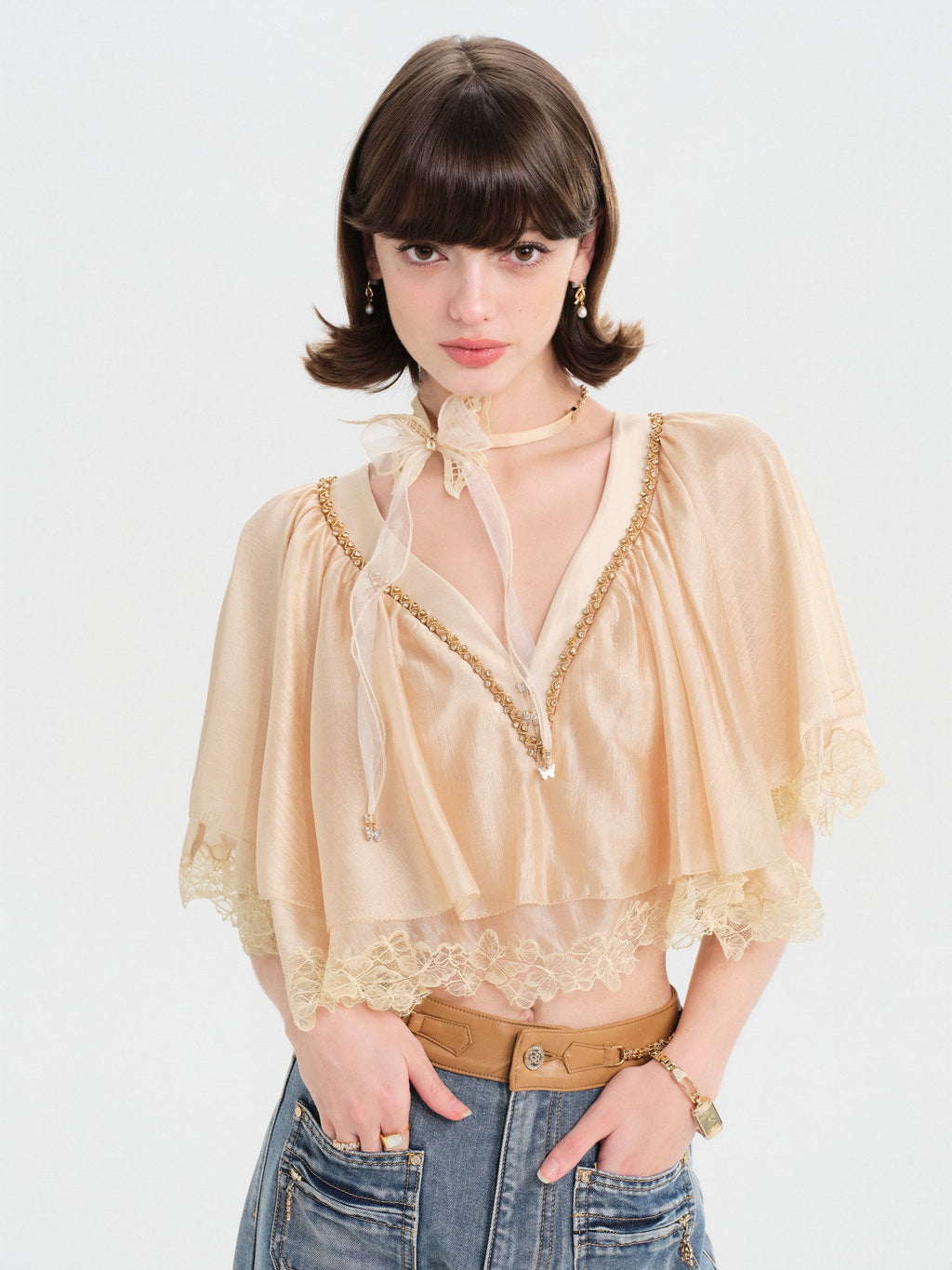Morning Muse V-Neck Irregular Butterfly Lace Top fabric close-up