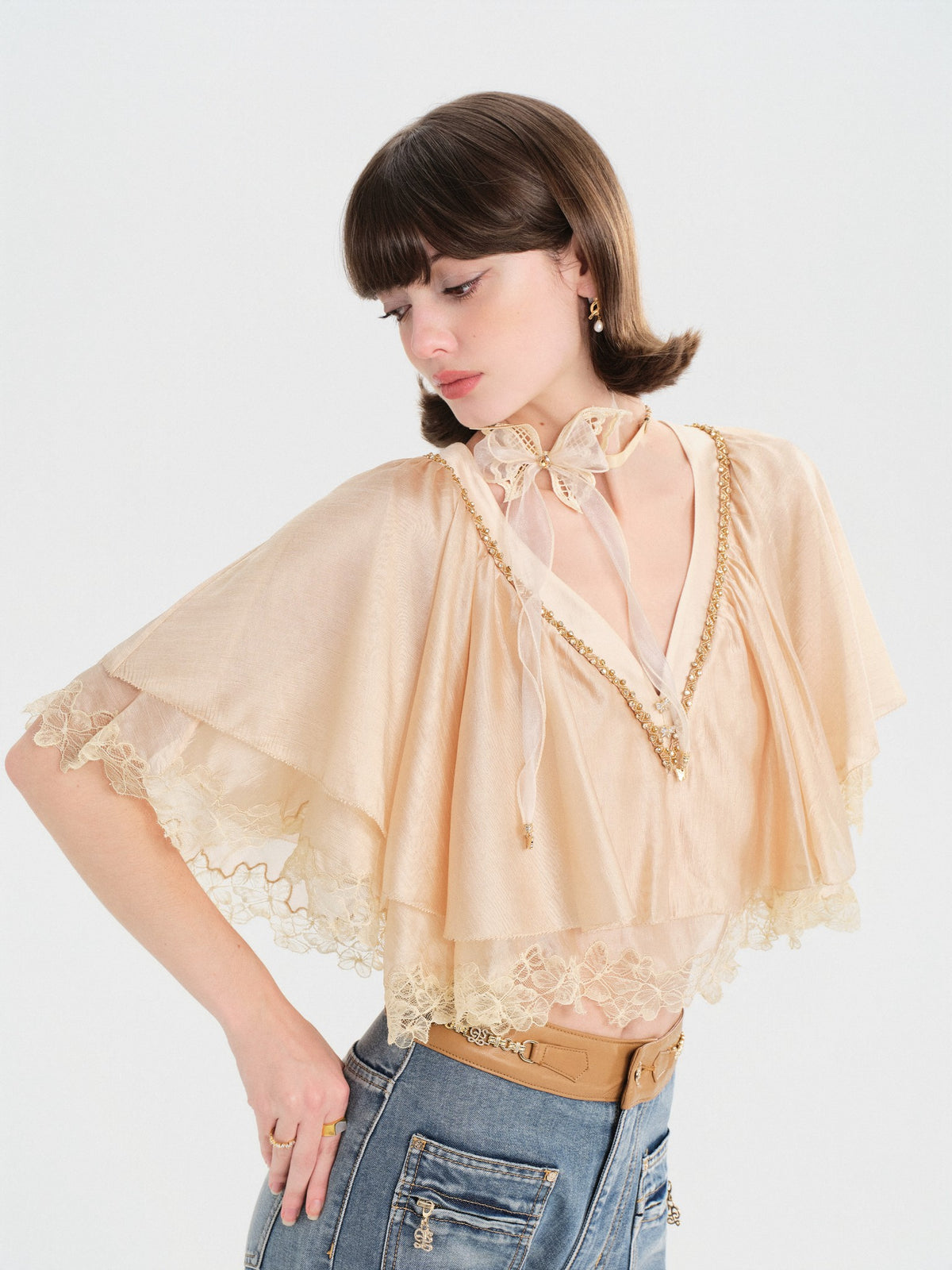 Morning Muse V-Neck Irregular Butterfly Lace Top styling
