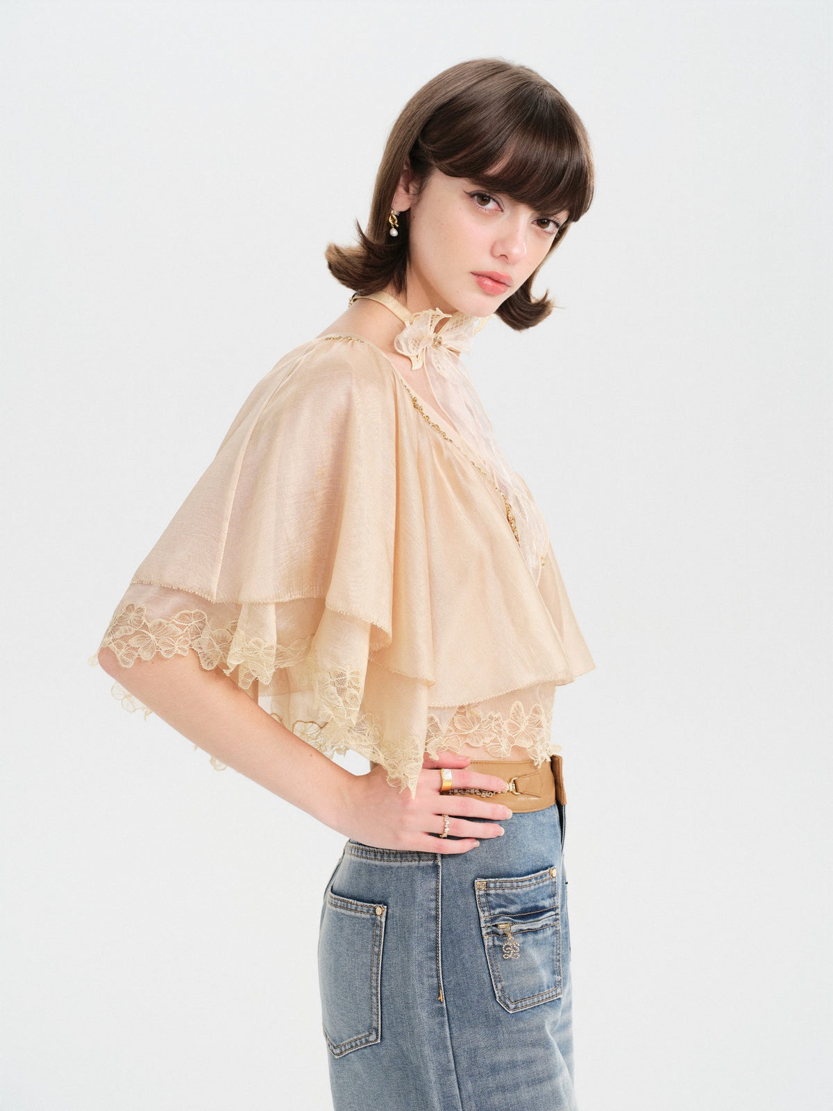 Morning Muse V-Neck Irregular Butterfly Lace Top side profile