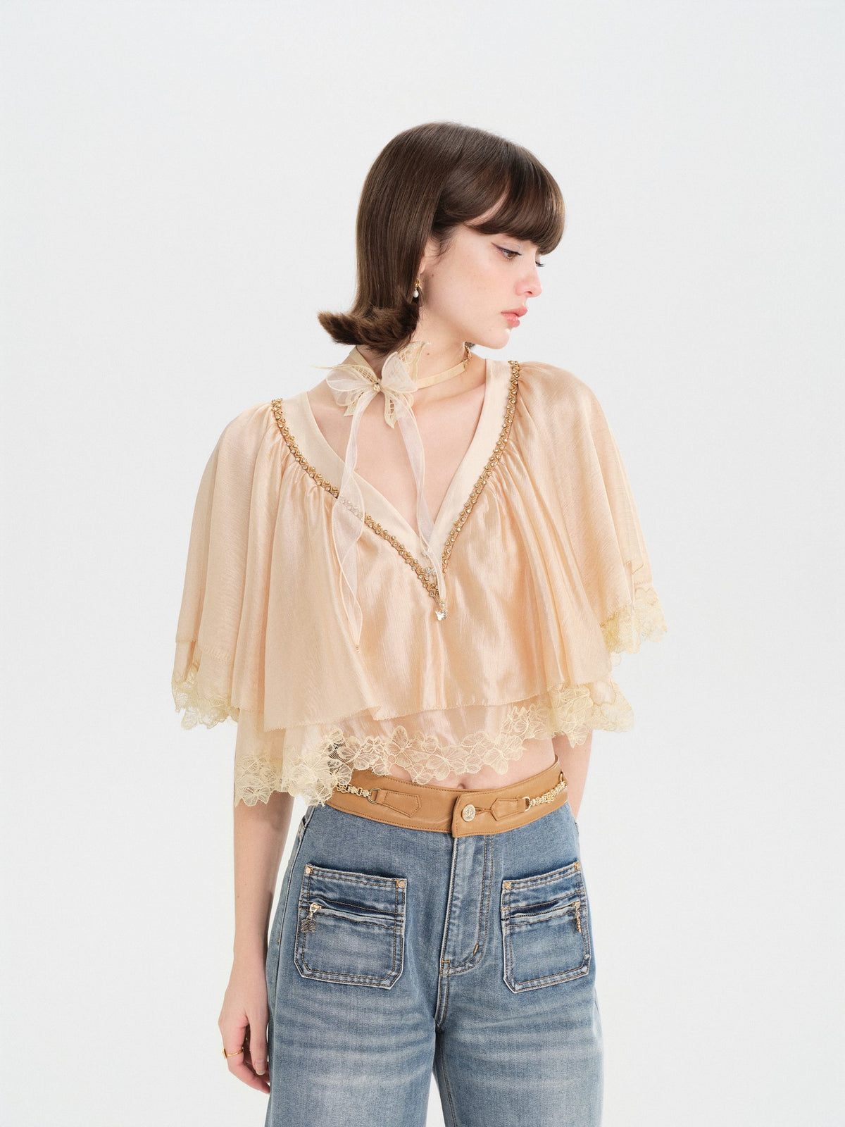 Morning Muse V-Neck Irregular Butterfly Lace Top styling detail