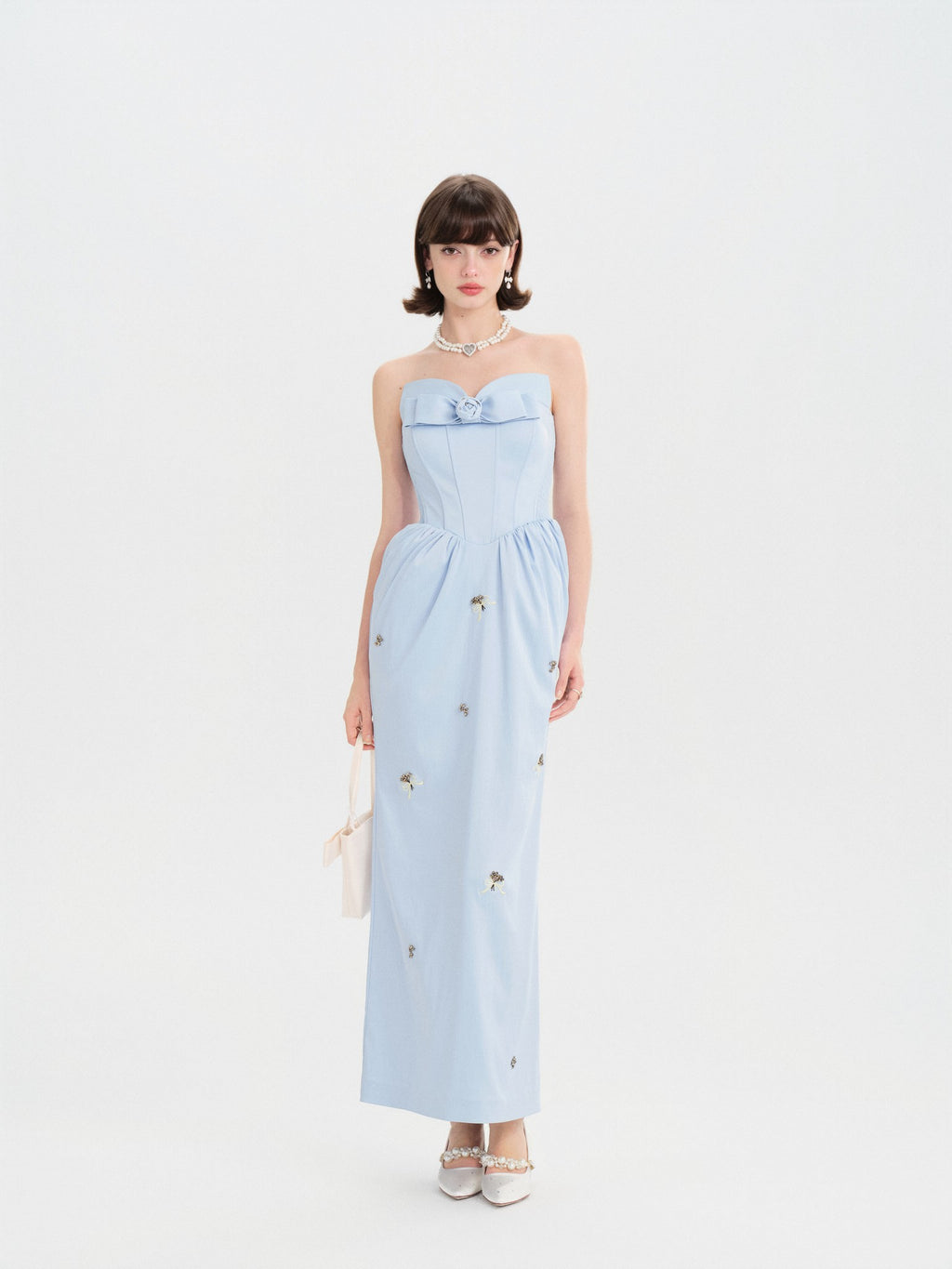 Pearl Wonderland Embroidered Bow Tube Dress fabric close-up