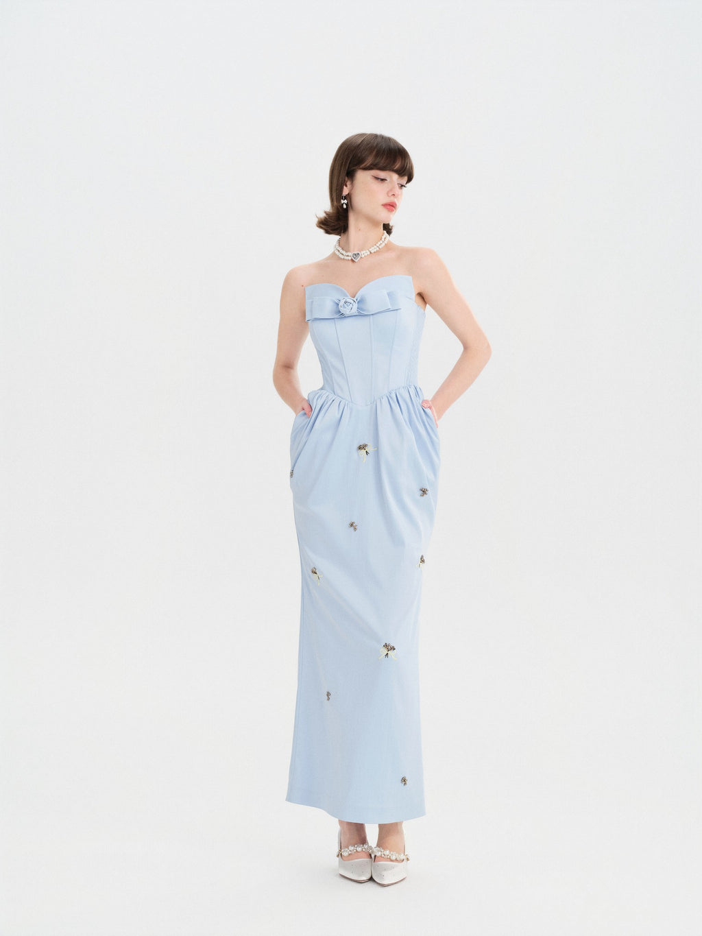 Pearl Wonderland Embroidered Bow Tube Dress detail shot