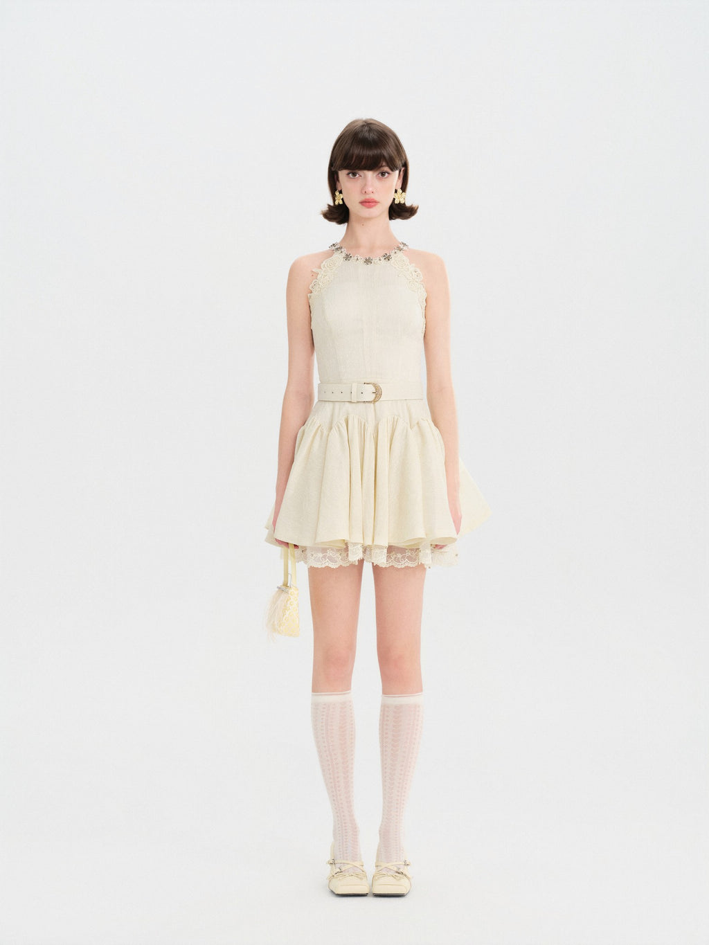 Riviera Off White Lace Trim Belted Mini Dress front detail