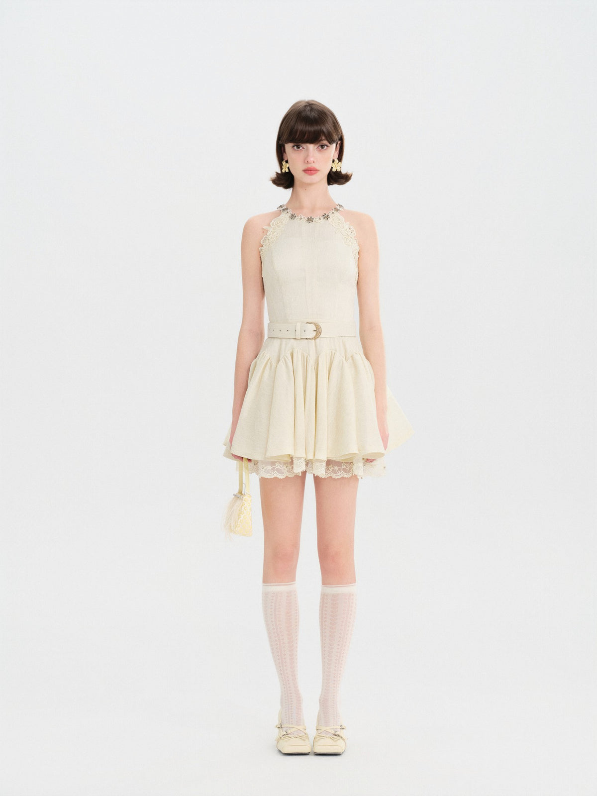 Riviera Off White Lace Trim Belted Mini Dress front detail