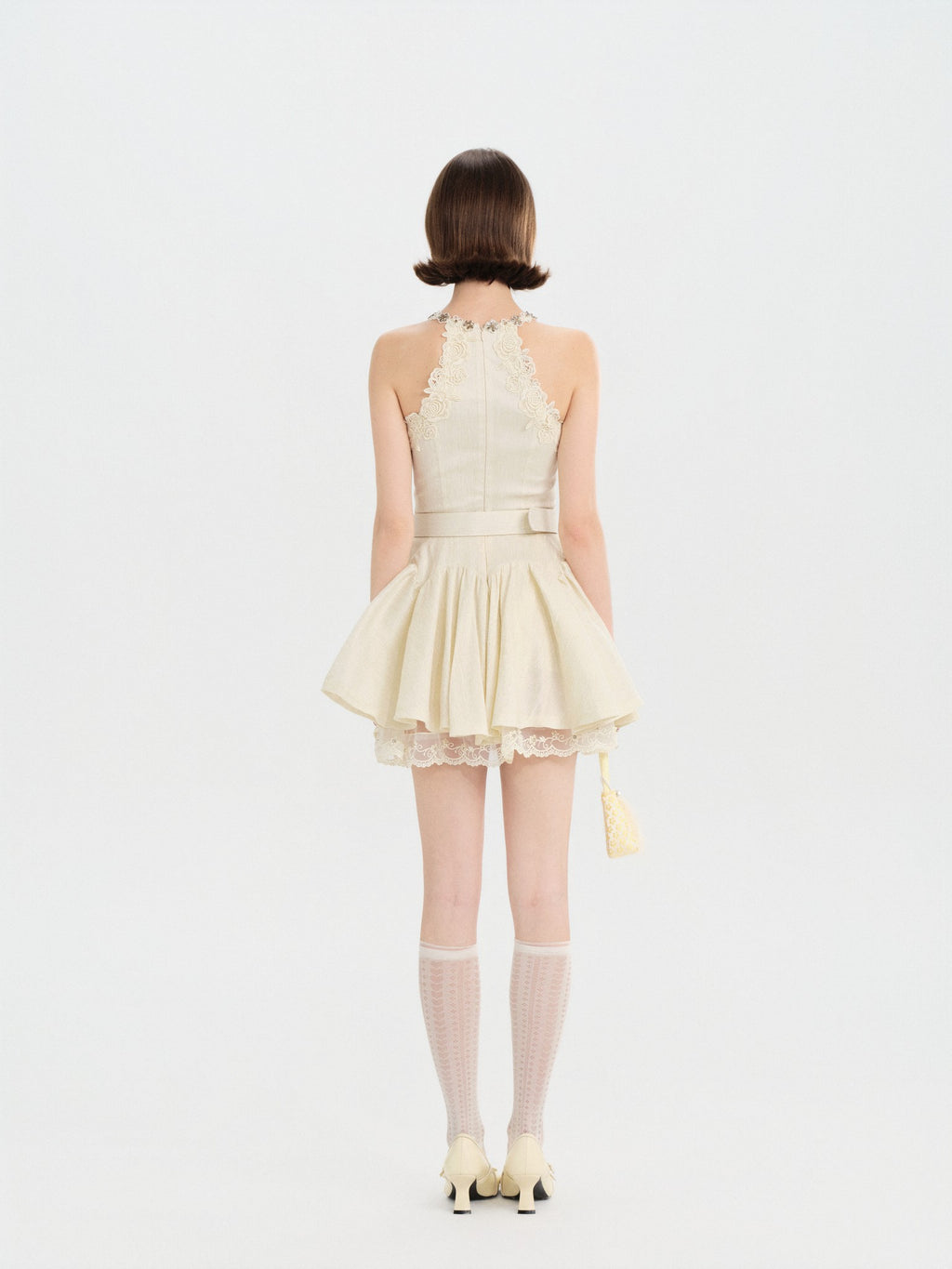 Riviera Off White Lace Trim Belted Mini Dress back view