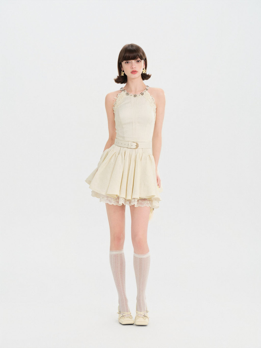 Riviera Off White Lace Trim Belted Mini Dress side profile