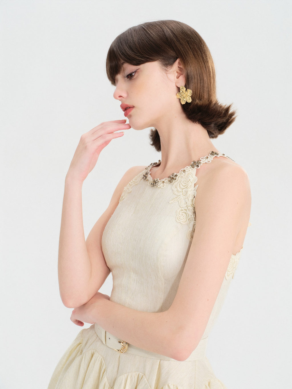 Riviera Off White Lace Trim Belted Mini Dress fabric close-up