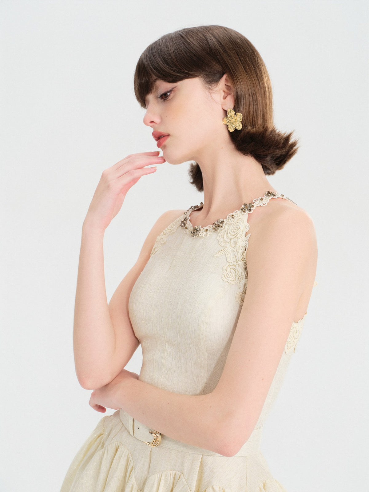 Riviera Off White Lace Trim Belted Mini Dress fabric close-up