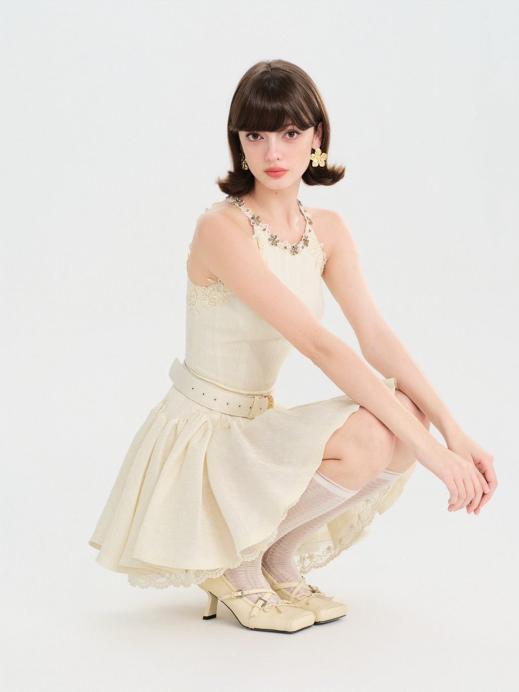Riviera Off White Lace Trim Belted Mini Dress styling