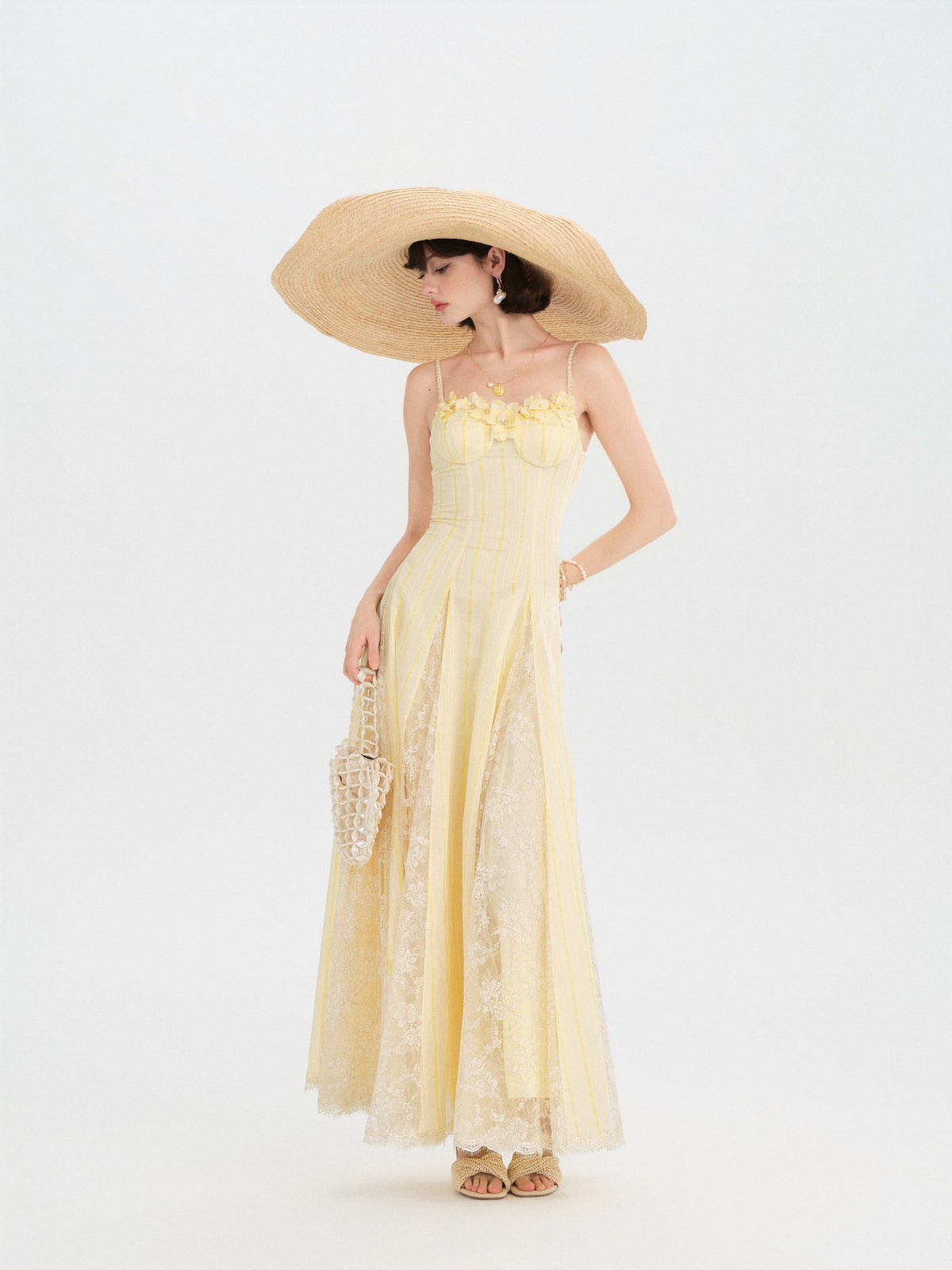Riviera Cream Yellow Striped Slip Maxi Dress front detail