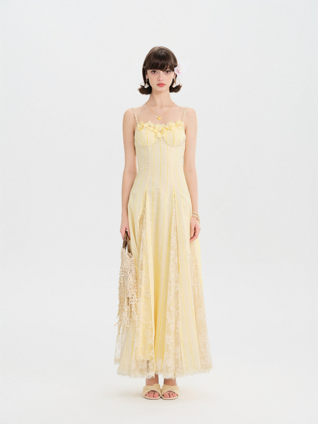 Riviera Cream Yellow Striped Slip Maxi Dress back view
