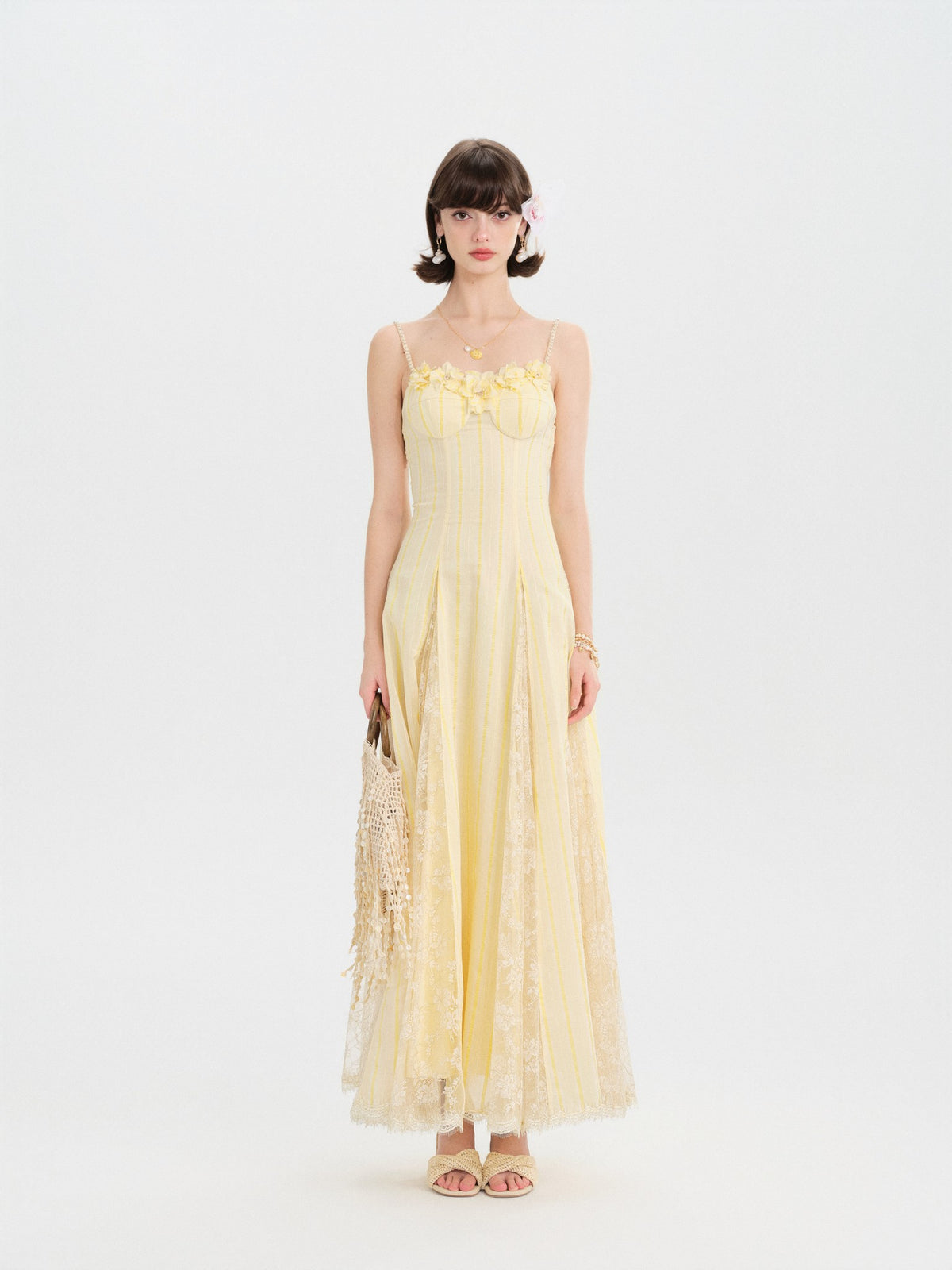 Riviera Cream Yellow Striped Slip Maxi Dress back view