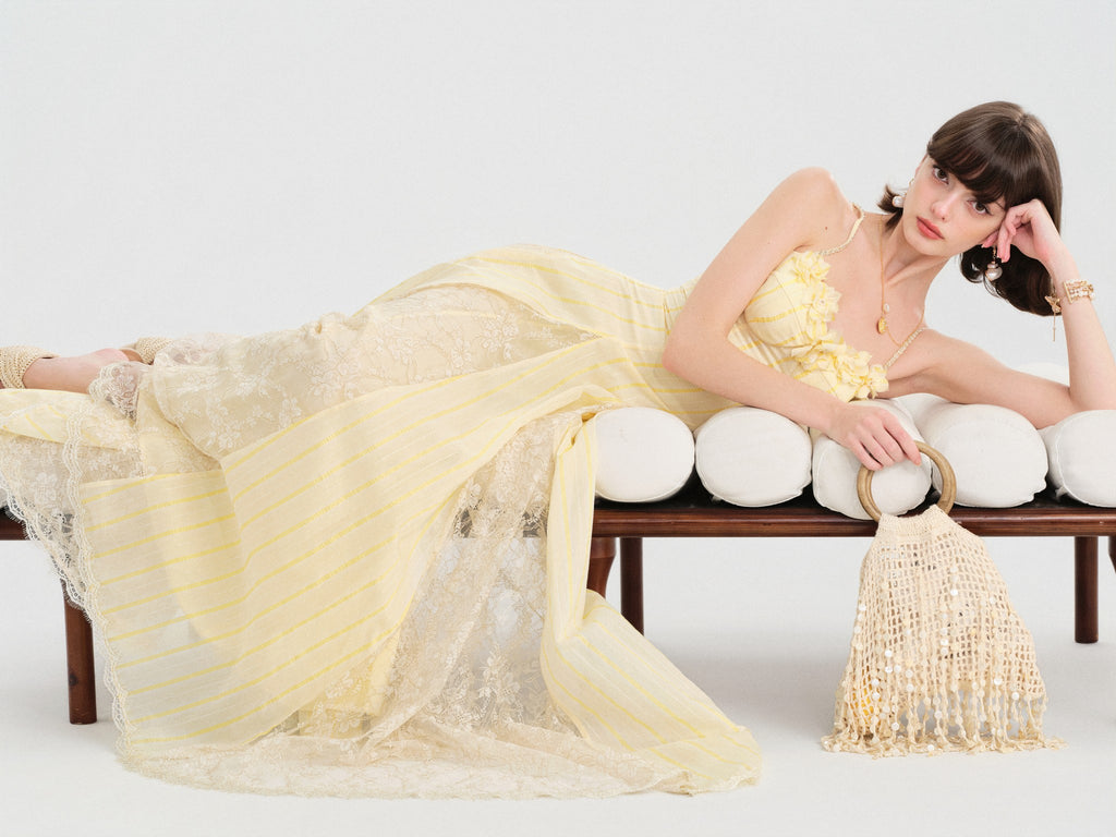 Riviera Cream Yellow Striped Slip Maxi Dress side profile