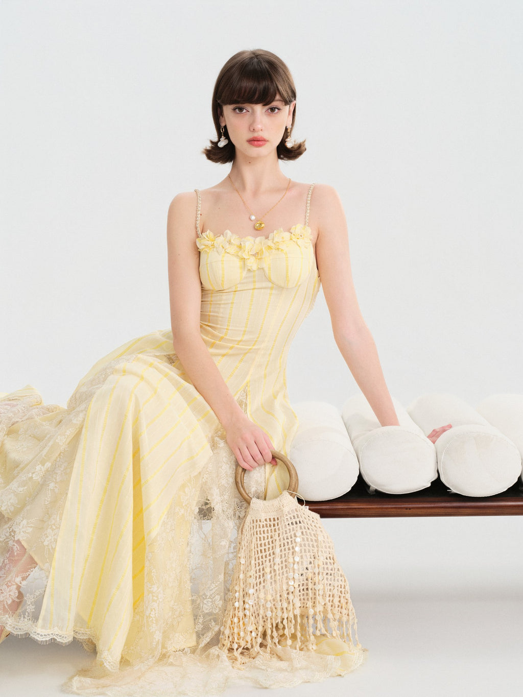 Riviera Cream Yellow Striped Slip Maxi Dress fabric close-up