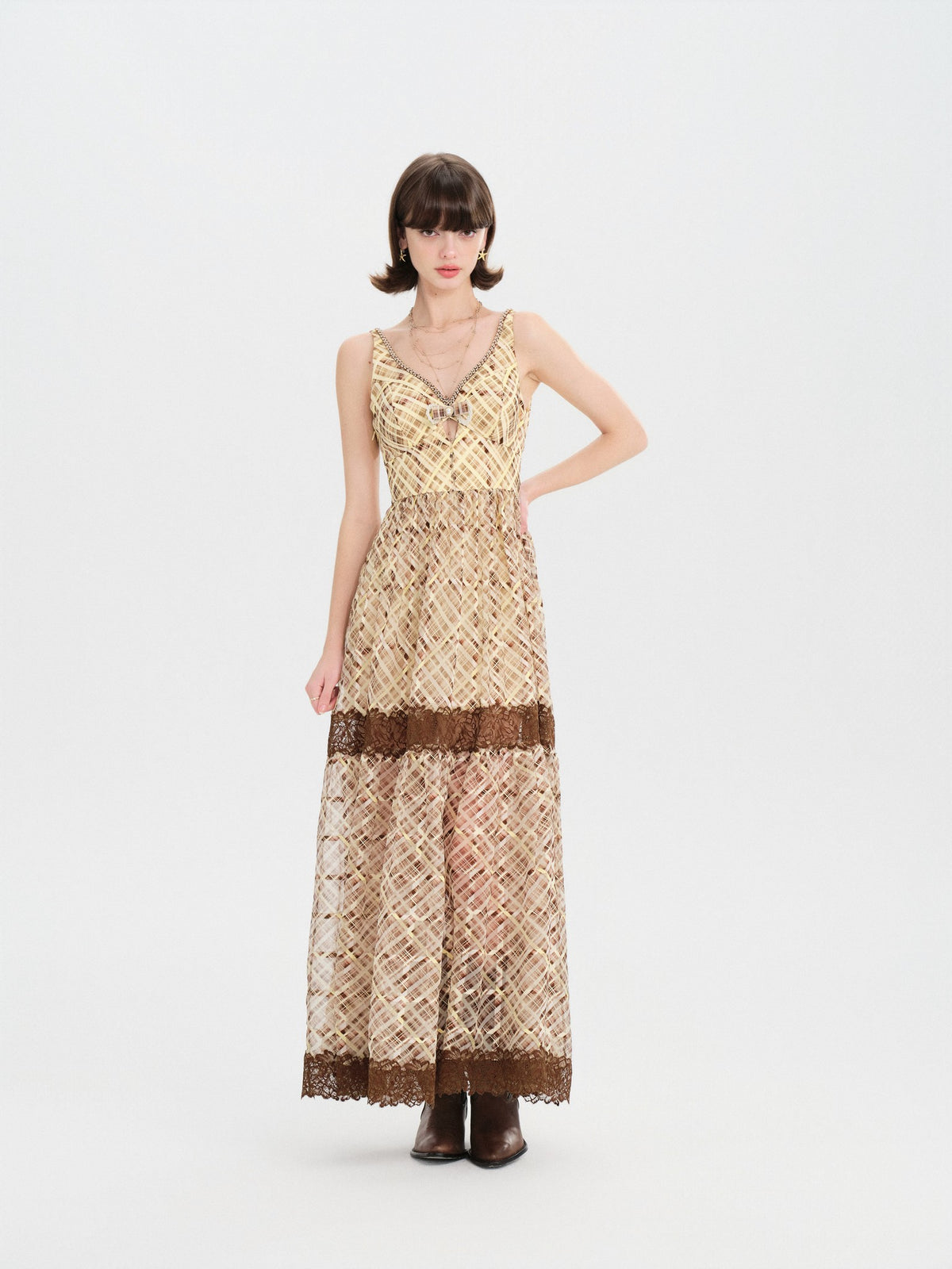 Riviera Yellow Brown Lace Fishtail Maxi Dress styling