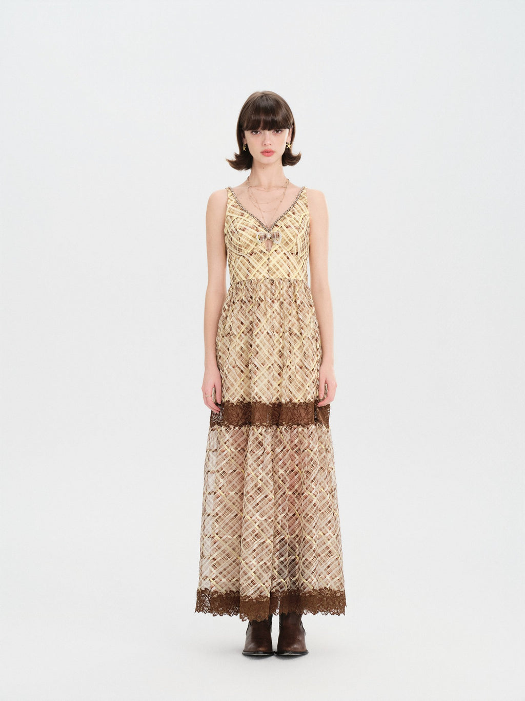 Riviera Yellow Brown Lace Fishtail Maxi Dress fabric close-up