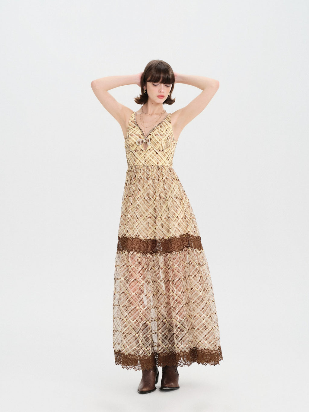 Riviera Yellow Brown Lace Fishtail Maxi Dress back view