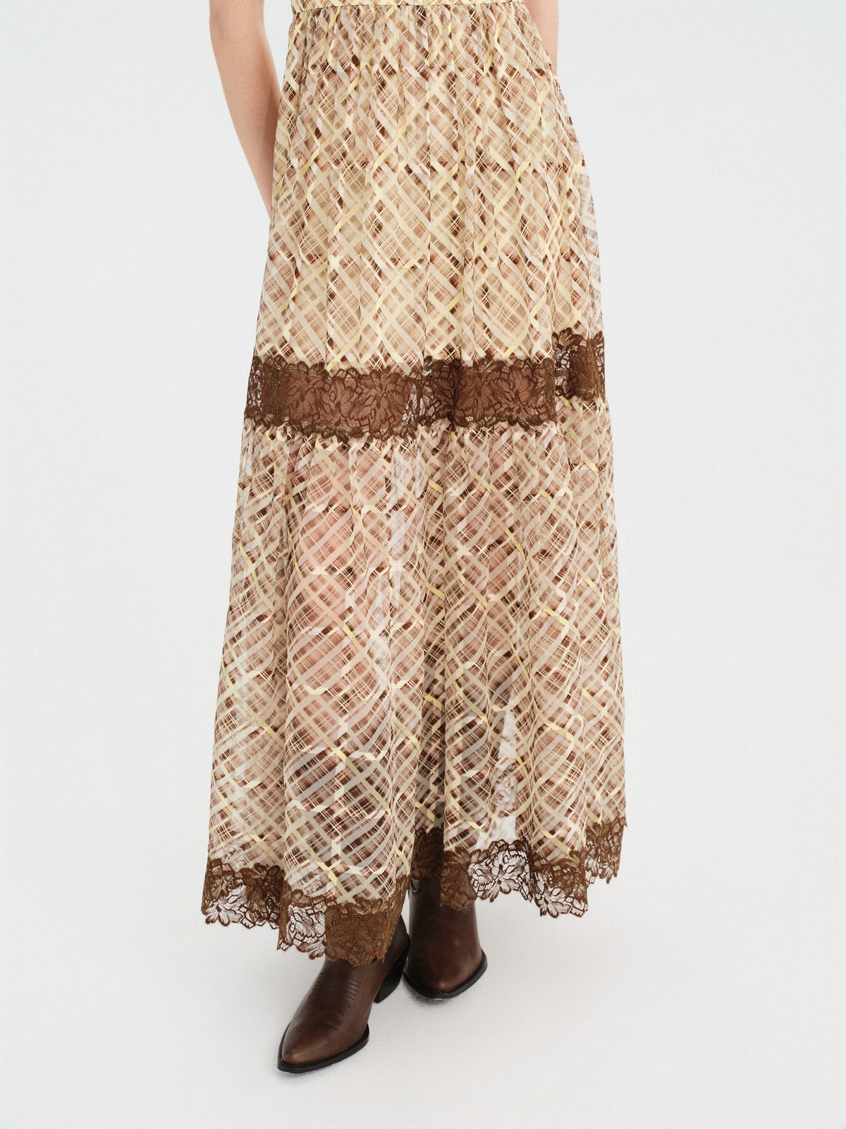 Riviera Yellow Brown Lace Fishtail Maxi Dress full look