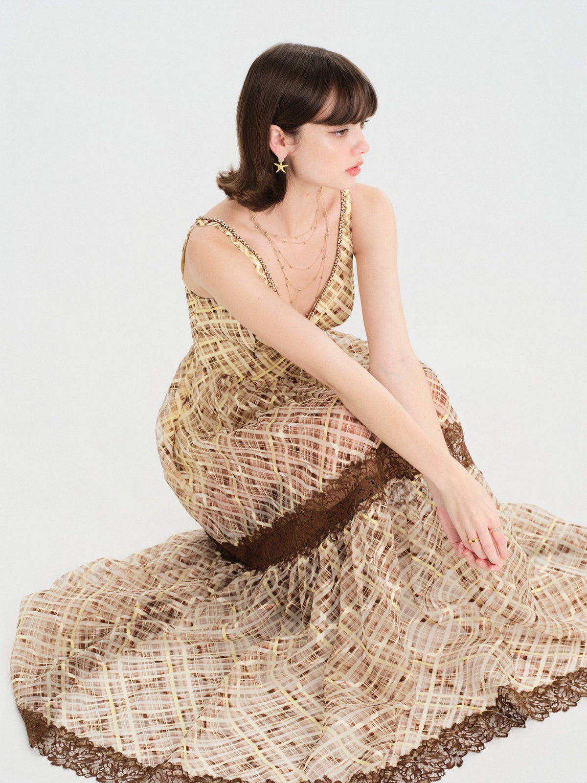 Riviera Yellow Brown Lace Fishtail Maxi Dress front detail