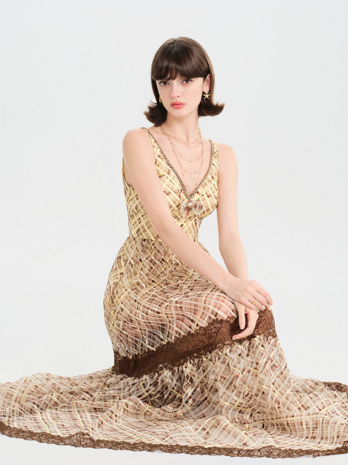 Riviera Yellow Brown Lace Fishtail Maxi Dress side profile